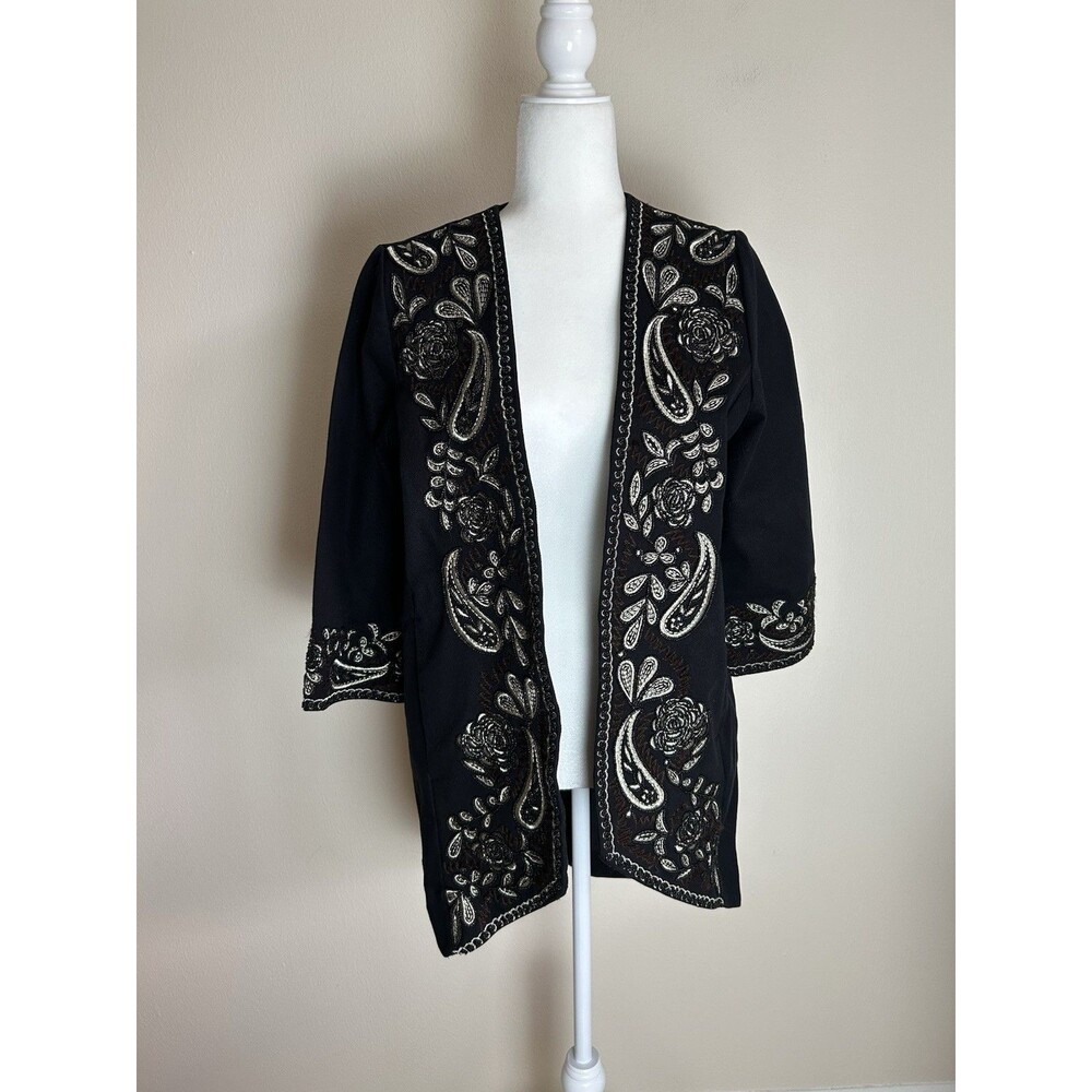 H&M Embroidered Beaded Jacket Kimono Ethnic Duster Black Embellished Long